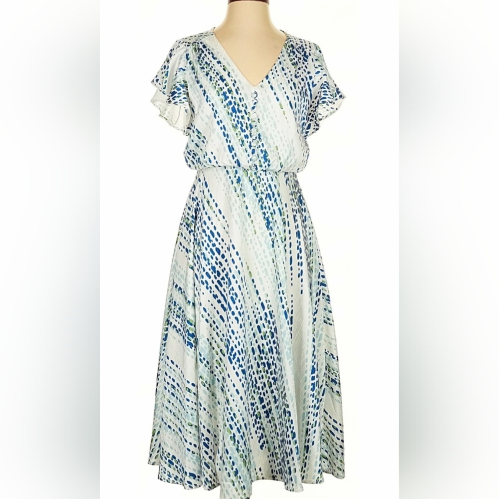 Maison Tara Blue & White Flutter Sleeve Formal Design Dress Macy's Size 6 NWOT